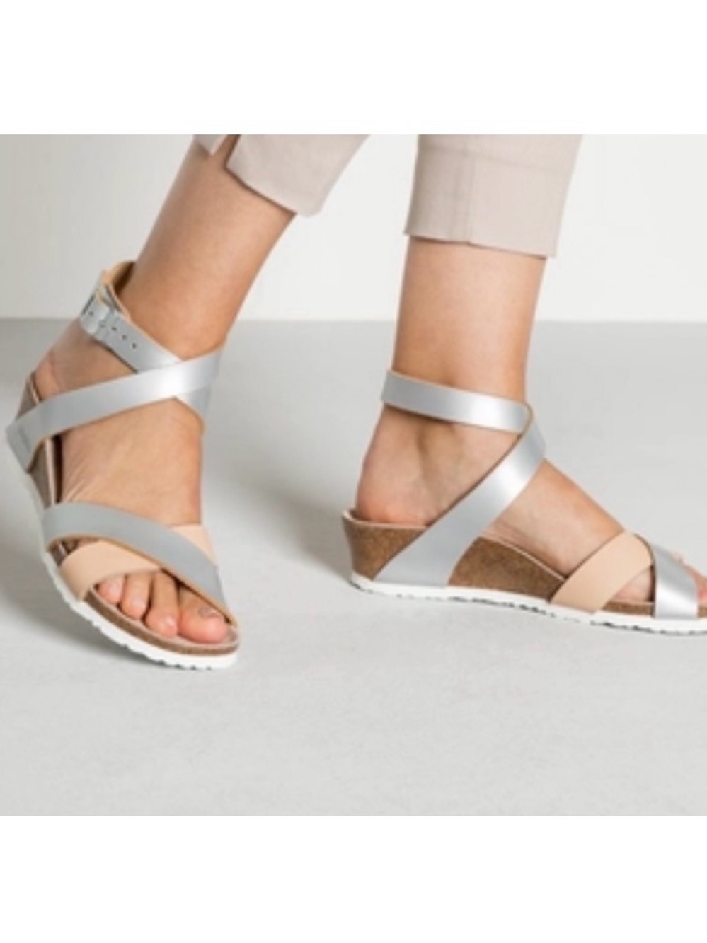 Papillio Silver and Nude Crisscross Wedge Sandals Size 9